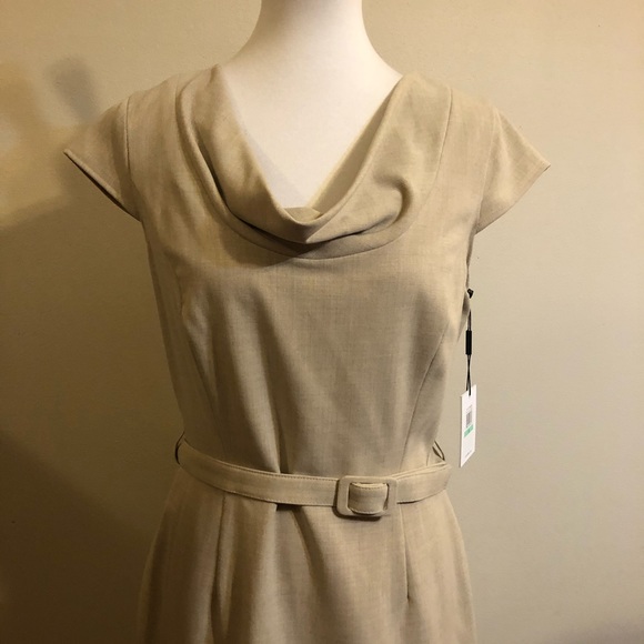 NWT Calvin Klein Tan Cowl Neck Cap Sleeve Dress - Picture 4 of 9